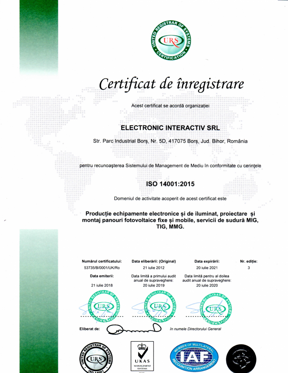 Pagina 1-Certificat ISO 14001-2015 - Productie echipamente electronice si de iluminat, proiectare si montaj...