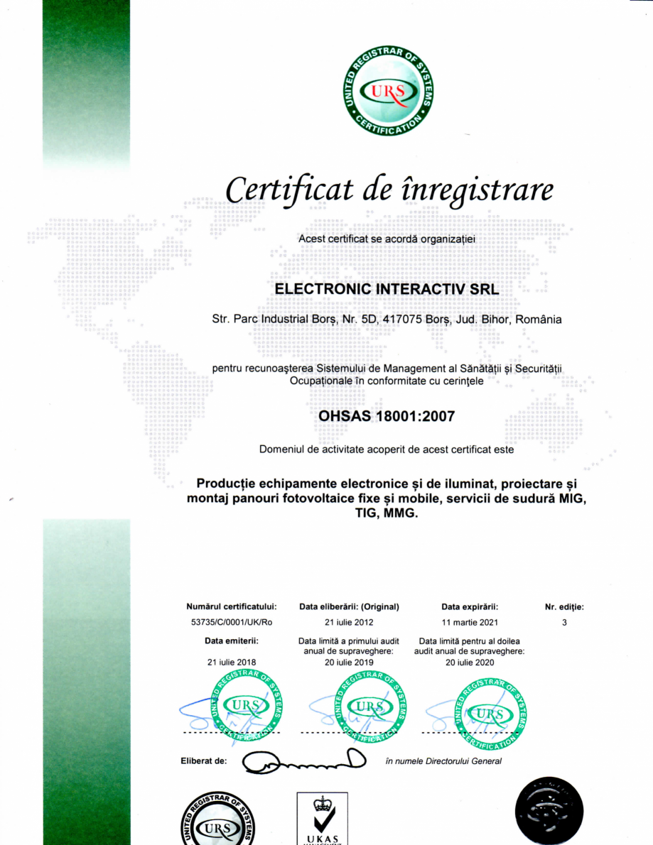 Pagina 1-Certificat ISO 18001-2007 - Productie echipamente electronice si de iluminat, proiectare si montaj...
