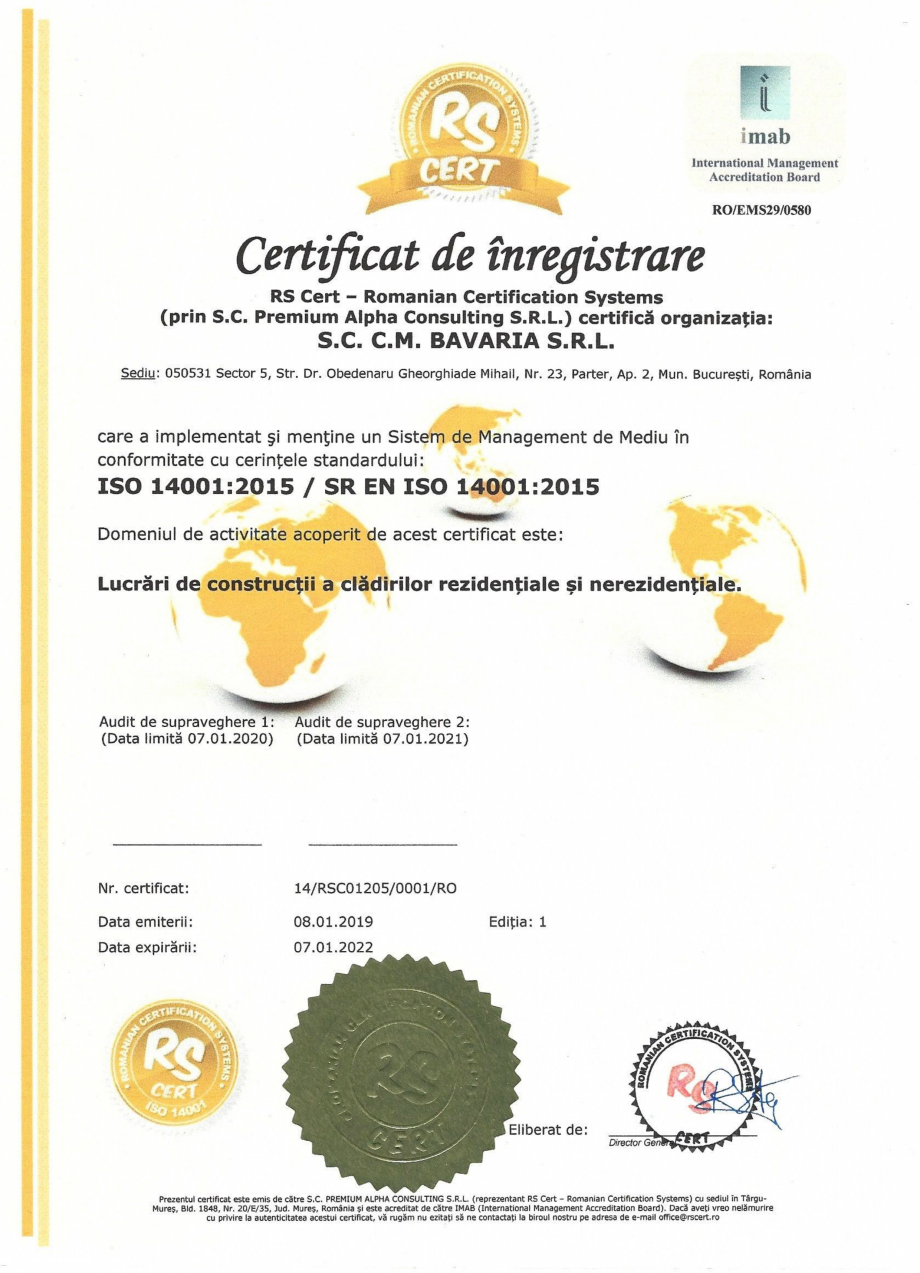 Pagina 1-Certificat Sistem de Management de Mediu ISO 14001:2015  BAVARIA Certificare produs Romana 