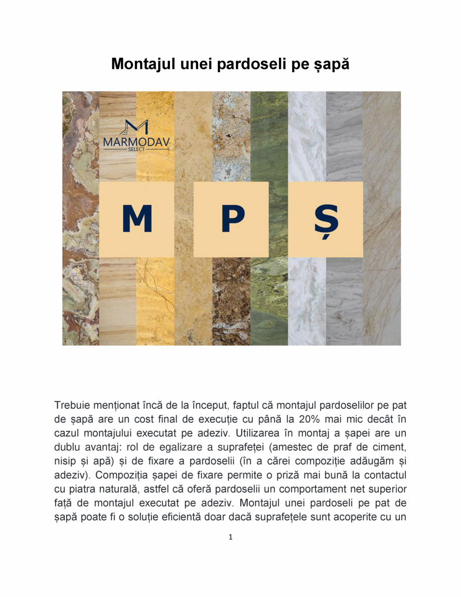 Pagina 1 - Montajul unei pardoseli pe sapa MARMODAV SELECT Instructiuni montaj, utilizare Romana...
