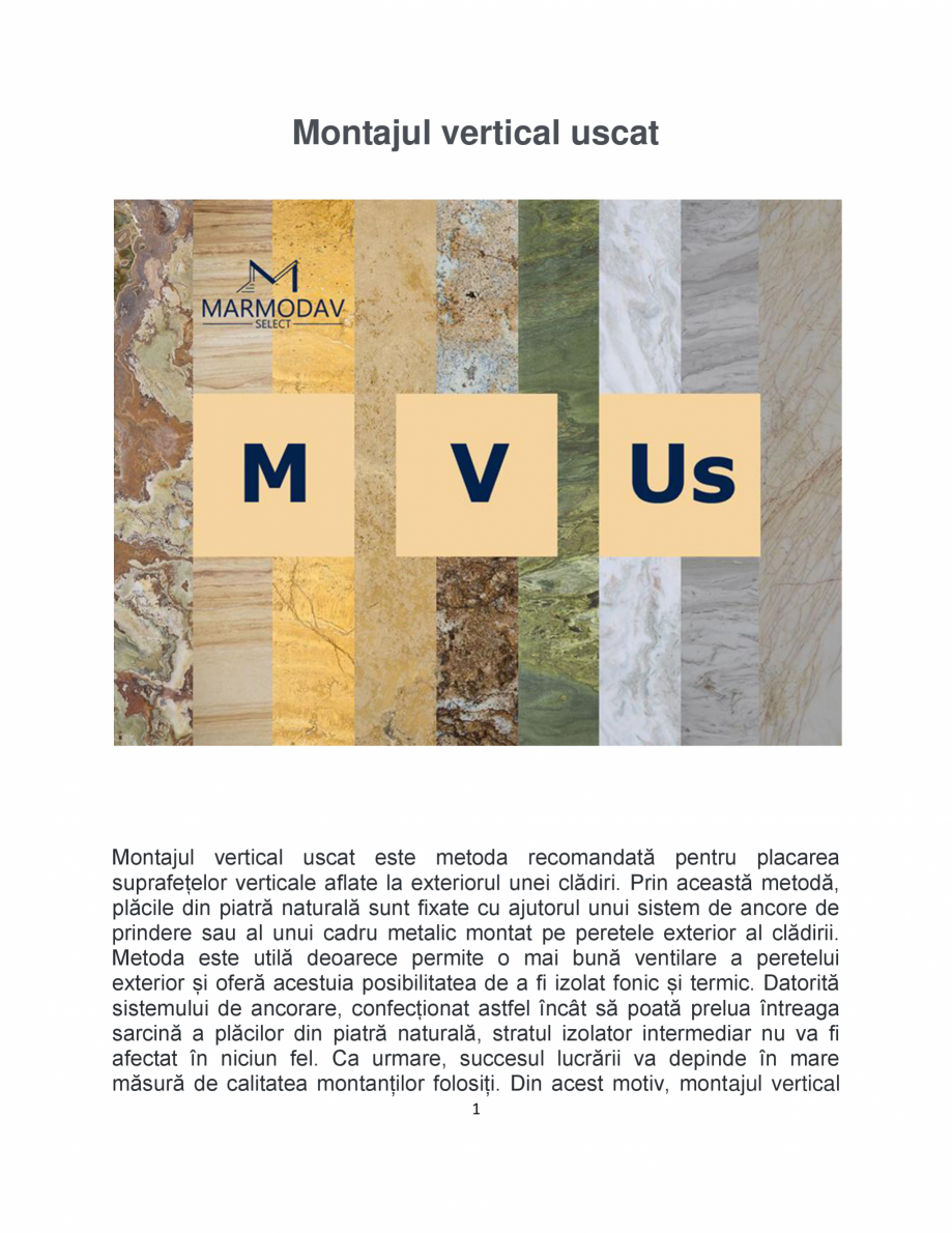 Pagina 1-Montajul vertical uscat MARMODAV SELECT Instructiuni montaj, utilizare Romana Montajul vertical...