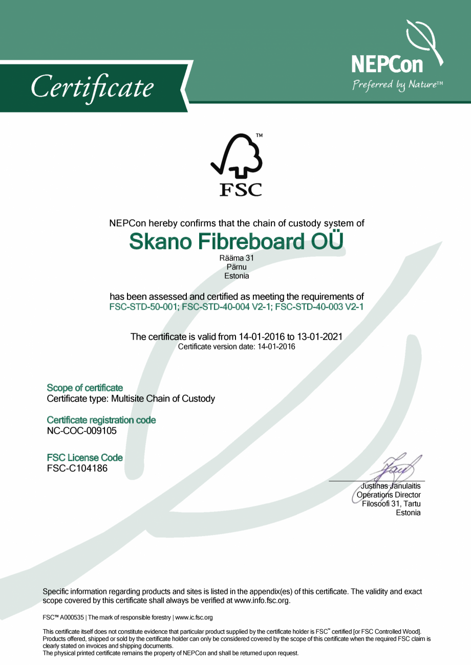 Pagina 1-Certificare NEPCon Skano Fibreboard OÜ SIMAD Isoplaat Natur Certificare produs Engleza NEPCon...