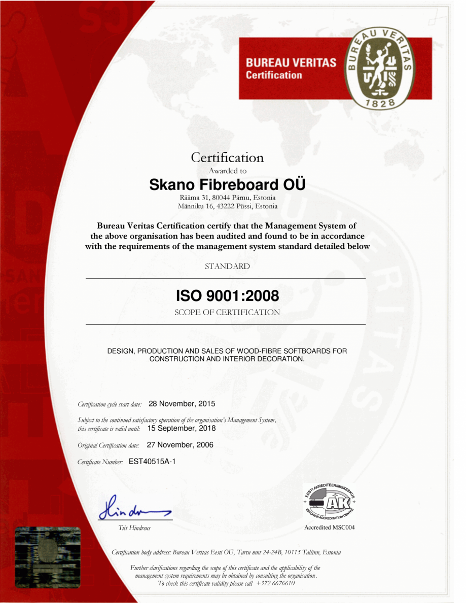Pagina 1-Certificare ISO 9001:2008 Skano Fibreboard OÜ SIMAD Isoplaat Natur Certificare produs Engleza...