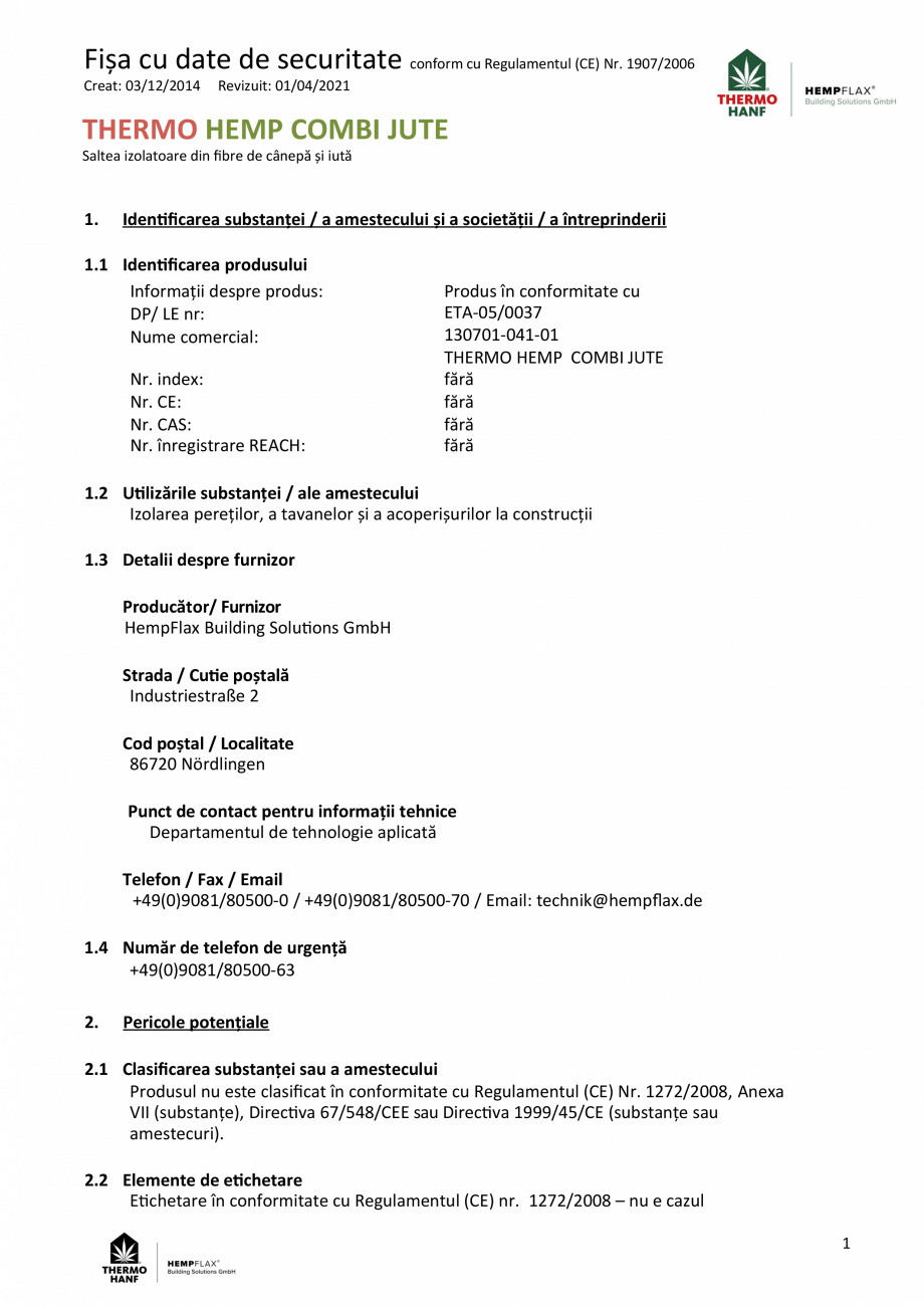 Pagina 1-Fisa cu date de securitate saltea izolatoare din fibre de canepa si iuta SIMAD THERMO HANF COMBI...