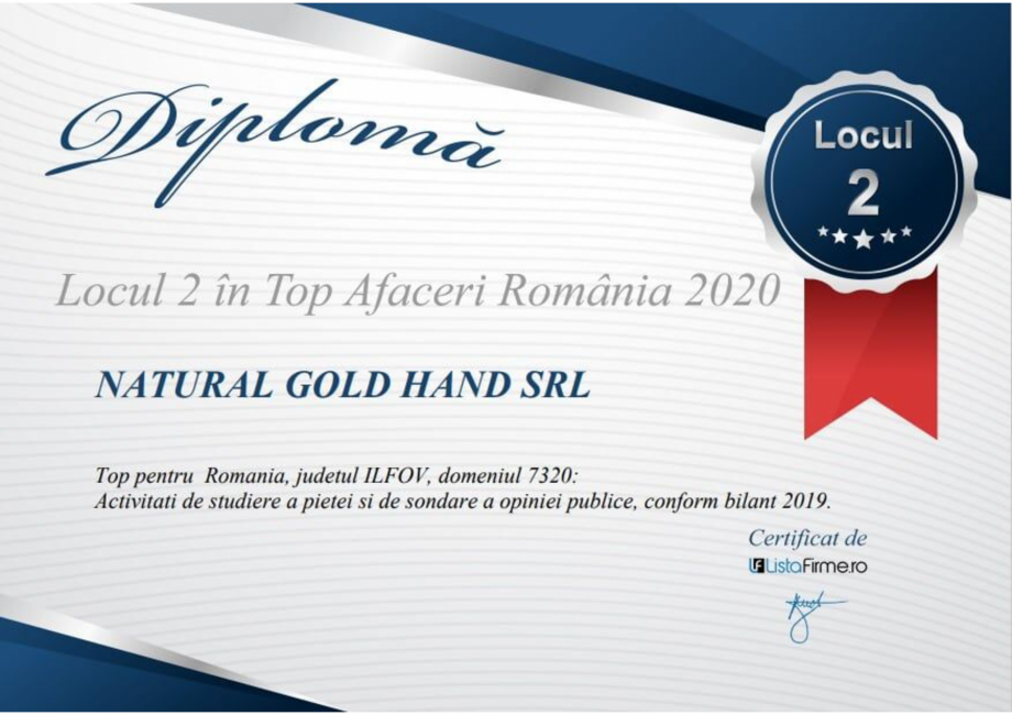Pagina 1-Diploma - Locul 2 in TOP Afaceri Romania 2020 - NATURAL GOLD HAND  Certificare produs Romana 