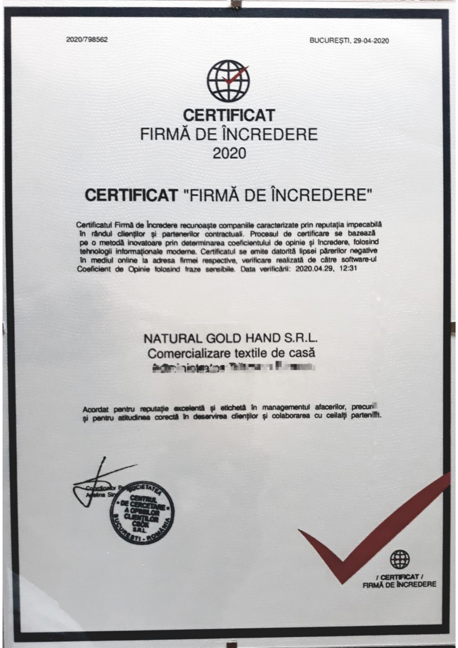 Pagina 1-Certificat - Firma de incredere - 2020 - NATURAL GOLD HAND   Certificare produs Romana 