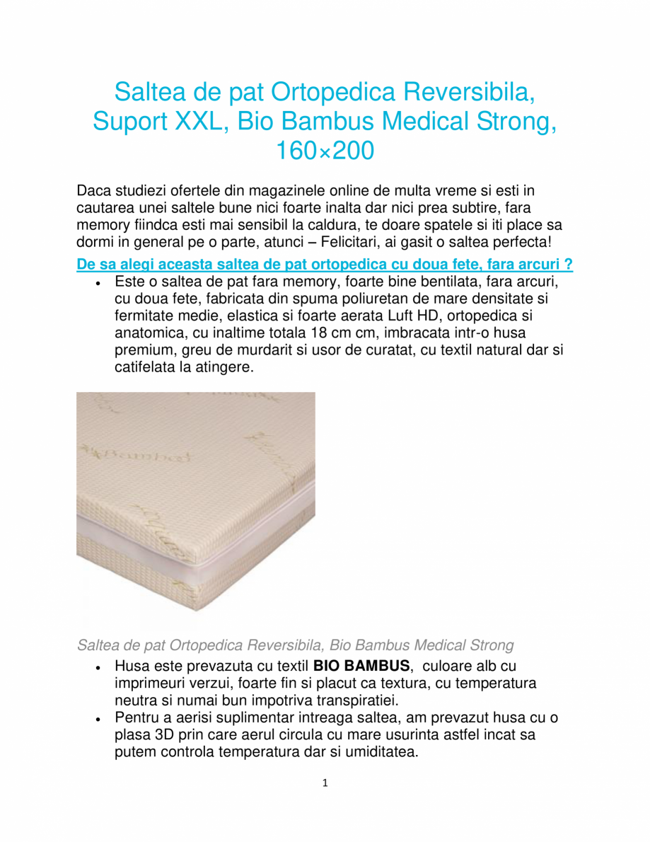 Pagina 1-Saltea de pat ortopedica reversibila Ortopedicus Bio Bambus Medical Strong Fisa tehnica Romana...