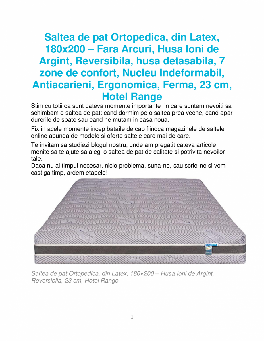 Pagina 1-Saltea de pat ortopedica, din latex, 180x200 - fara arcuri, husa ioni de argint,  Ortopedicus Hotel ...