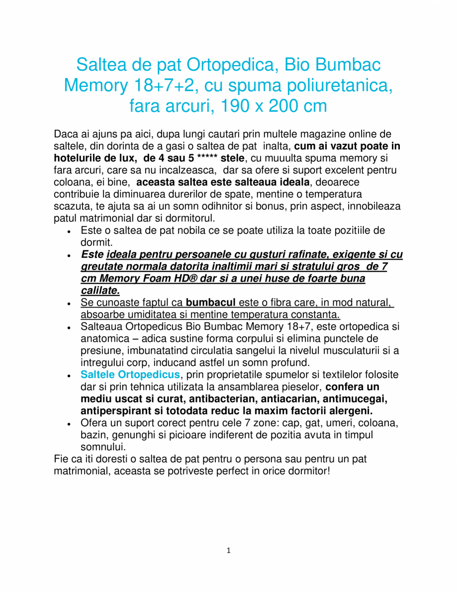 Pagina 1-Saltea de pat ortopedica, Bio Bumbac Memory 18+7+2, cu spuma poliuretanica, fara arcuri, 190 x 200...