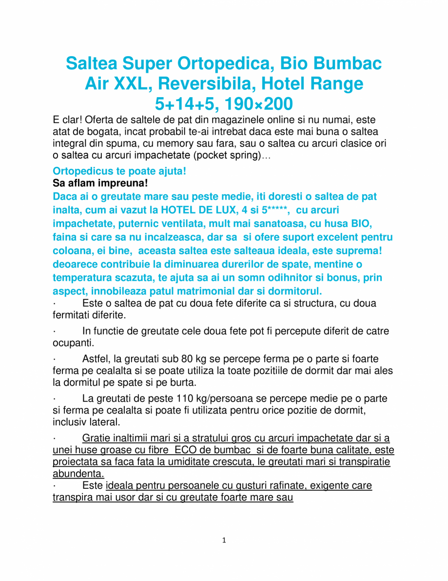 Pagina 1-Saltea super ortopedica, Bio Bumbac Air XXL, Reversibila, Hotel Range 5+14+5, 190×200...