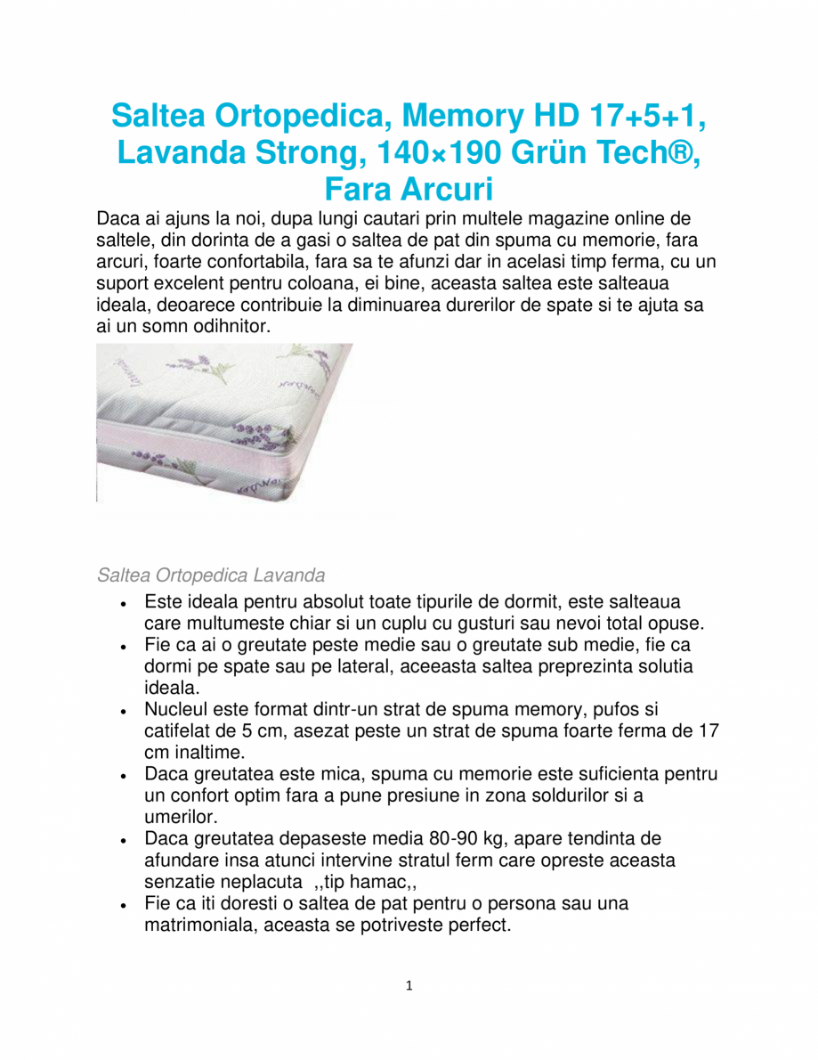 Pagina 1-Saltea ortopedica, Memory HD 17+5+1, Lavanda Strong, 140×190 Grün Tech®, fara arcuri ...
