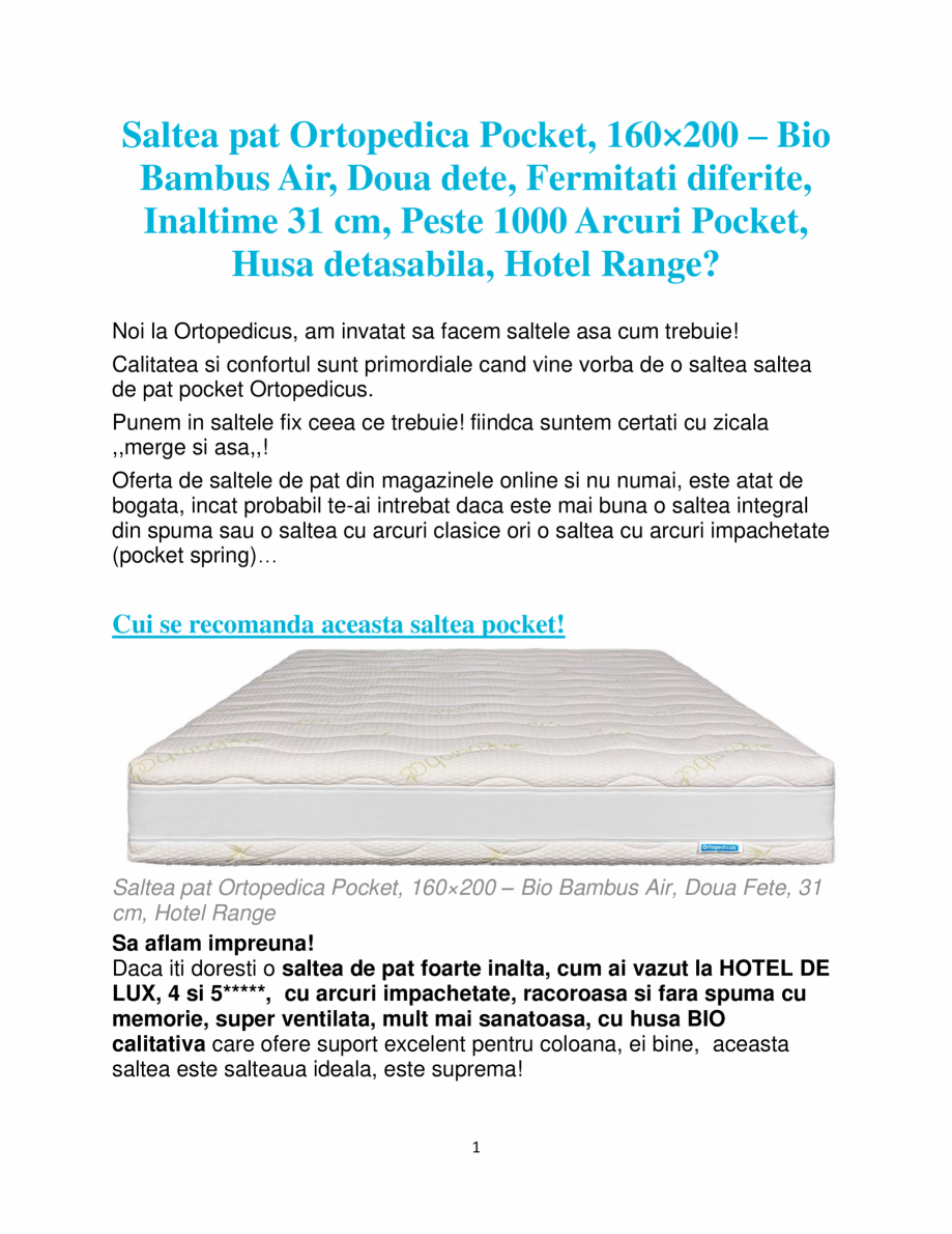 Pagina 1-Saltea pat ortopedica Pocket, 160×200 Bio Bambus Air Ortopedicus Pocket, Bio Bambus Air Fisa...