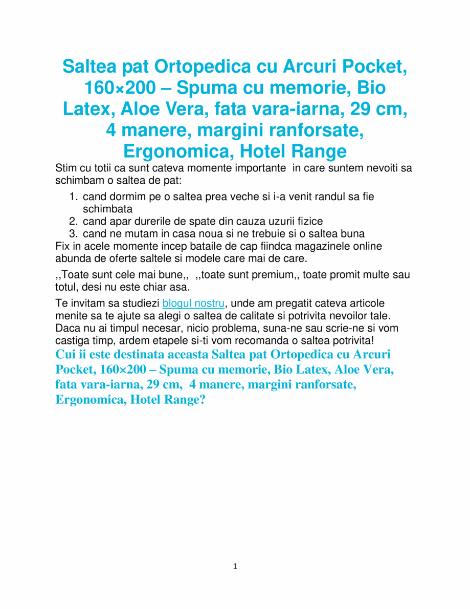 Pagina 1-Saltea pat ortopedica cu arcuri Pocket, 160×200 - Spuma cu memorie, Bio Latex, Aloe Vera, fata...