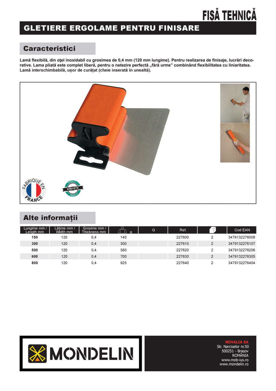 Pagina 1-Gletieră profesională ERGOlame® MONDELIN 227600/ 227610/ 227620/ 227630/ 227640 Fisa tehnica...