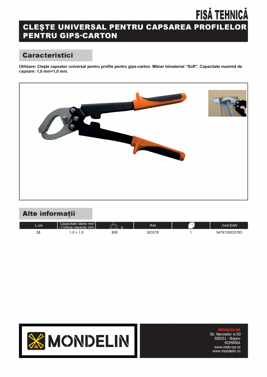 Pagina 1-Cleste universal pentru capsare profile de gips-carton MONDELIN 503378 Fisa tehnica Romana FIȘĂ...