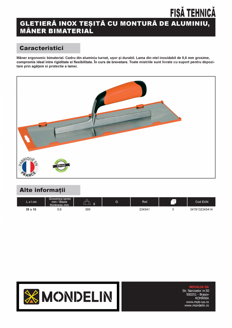 Pagina 1-Gletiera din inox cu maner bimaterial si montura de aluminiu MONDELIN 234541 Fisa tehnica Romana...