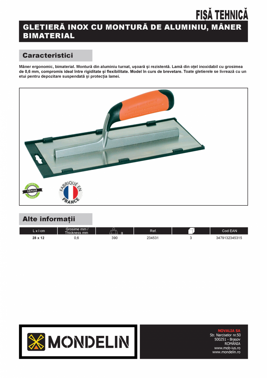 Pagina 1-Gletiera din inox cu maner bimaterial si lama tesita MONDELIN 234531 Fisa tehnica Romana FIȘĂ...
