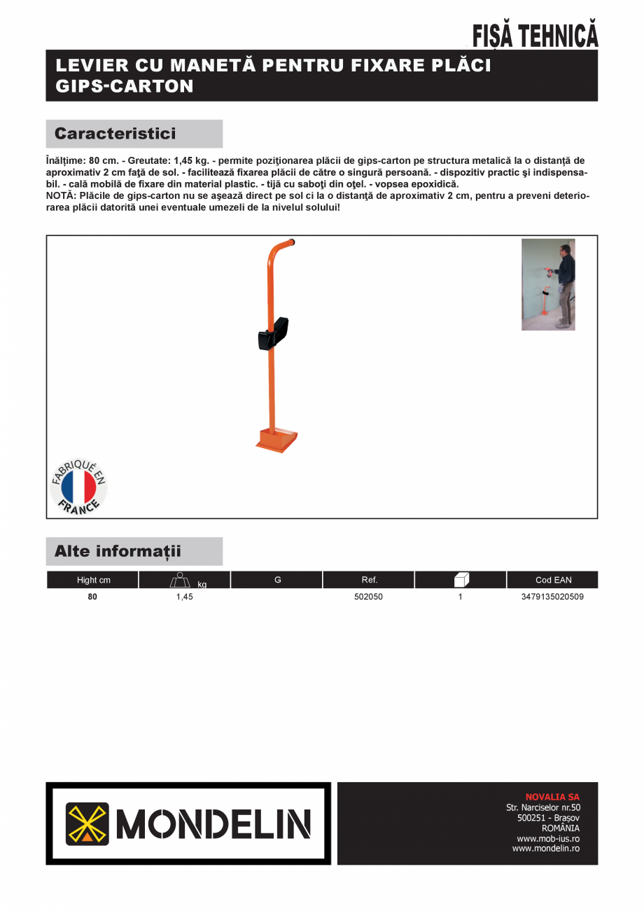 Pagina 1-Levier cu maneta pentru fixare placi de gips-carton MONDELIN 502050 Fisa tehnica Romana FIȘĂ...