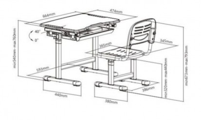 Set birou și scaun copii ergonomic reglabil în înălțime ErgoK SOL Gri - desen tehnic SOL