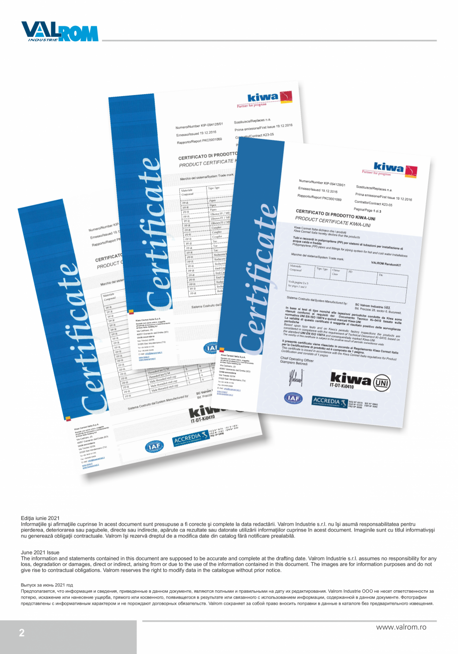 Pagina 2-Țevi și fitinguri din polipropilenă VALROM Catalog, brosura Engleza, Romana, Rusa  and do not...