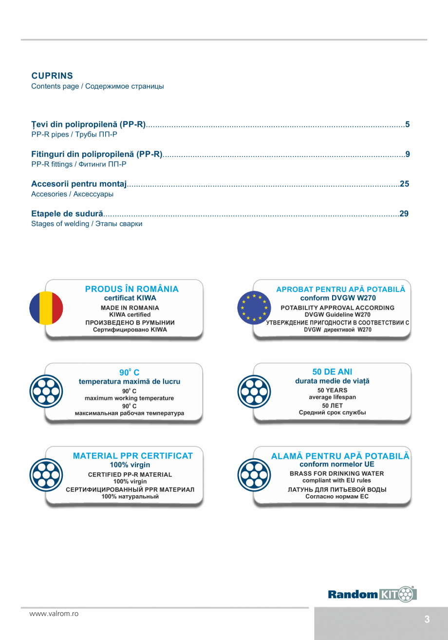 Pagina 3-Țevi și fitinguri din polipropilenă VALROM Catalog, brosura Engleza, Romana, Rusa обой...