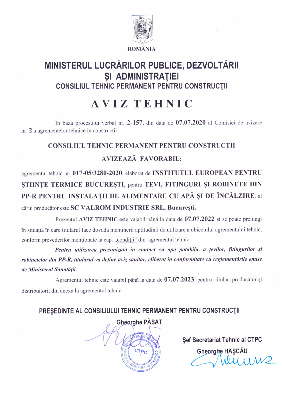Pagina 1-Agrement tehnic nr. 017-05/3280-2020 - Țevi, fitinguri și robinete din PP-R VALROM Certificare...