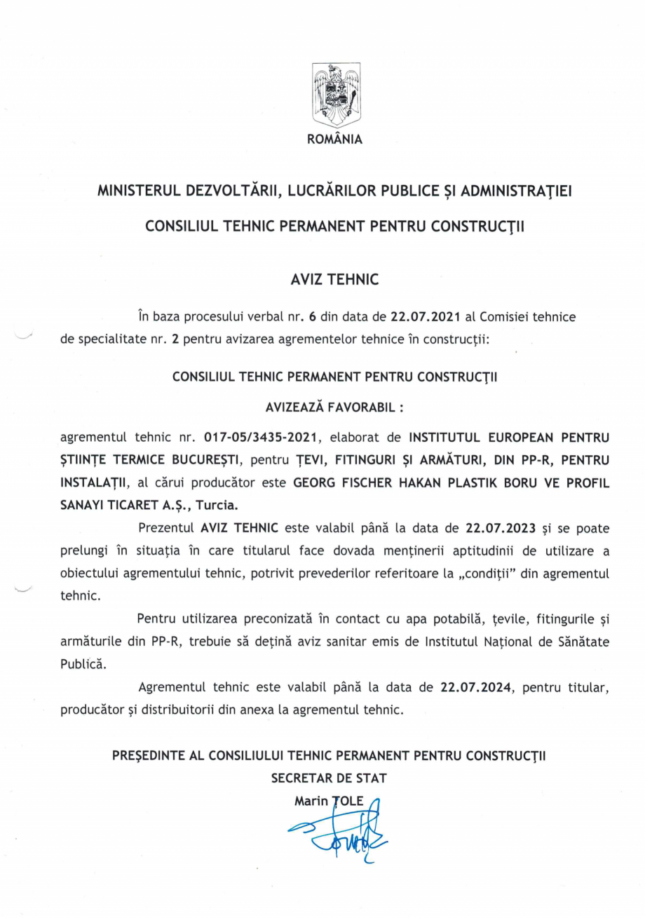 Pagina 1 - Agrement tehnic nr. 017-05/3435-2021 - Țevi, fitinguri și armaturi din PP-R VALROM...
