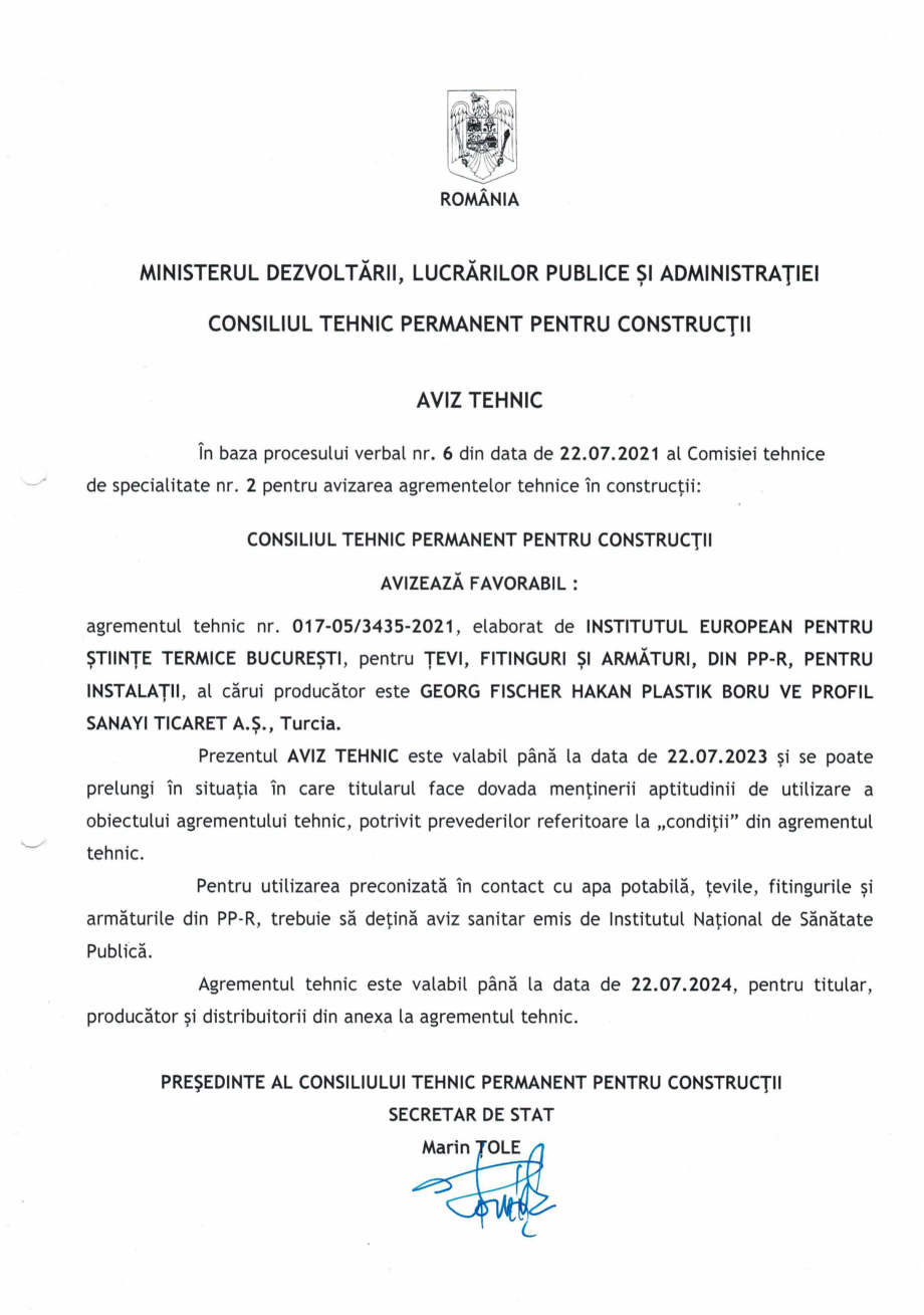Pagina 1-Agrement tehnic nr. 017-05/3435-2021 - Țevi, fitinguri și armaturi din PP-R VALROM Certificare...