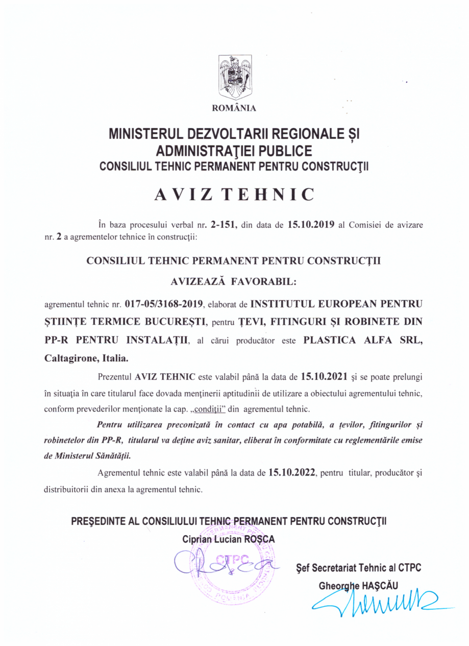 Pagina 1-Agrement tehnic nr. 017-05/3168-2019 - Țevi, fitinguri și robinete din PP-R pentru instalații...