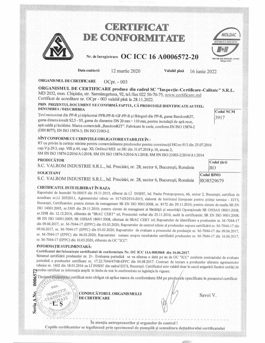 Pagina 1-Certificat de conformitate OC ICC 16 A0006572-20 - Țevi și fitinguri din polipropilena VALROM...