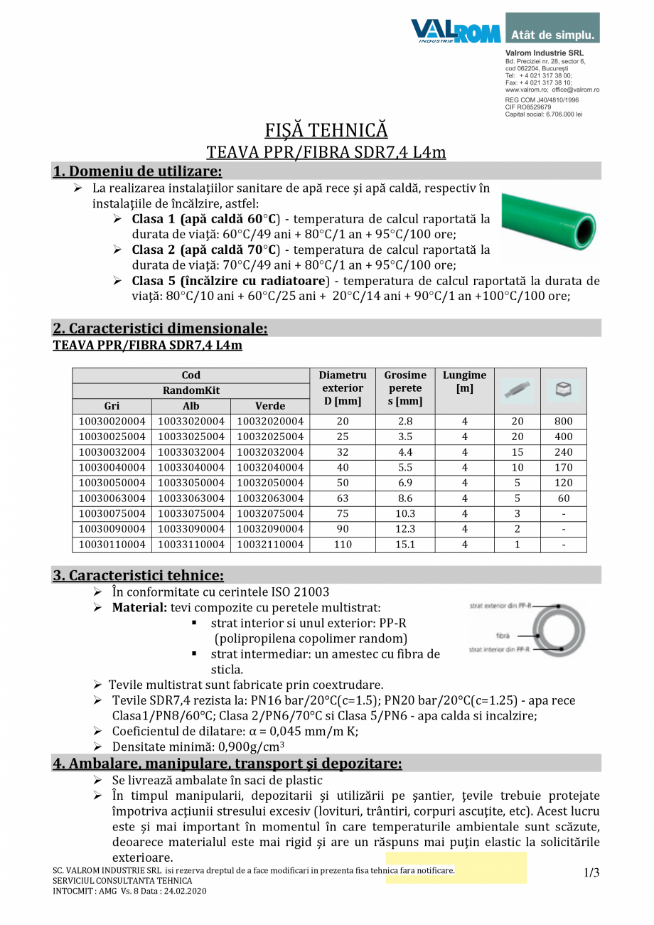 Pagina 1-Țeavă PP-R VALROM Fisa tehnica FIŞĂ TEHNICĂ
TEAVA PPR/FIBRA SDR7,4 L4m
1. Domeniu de utilizare:...