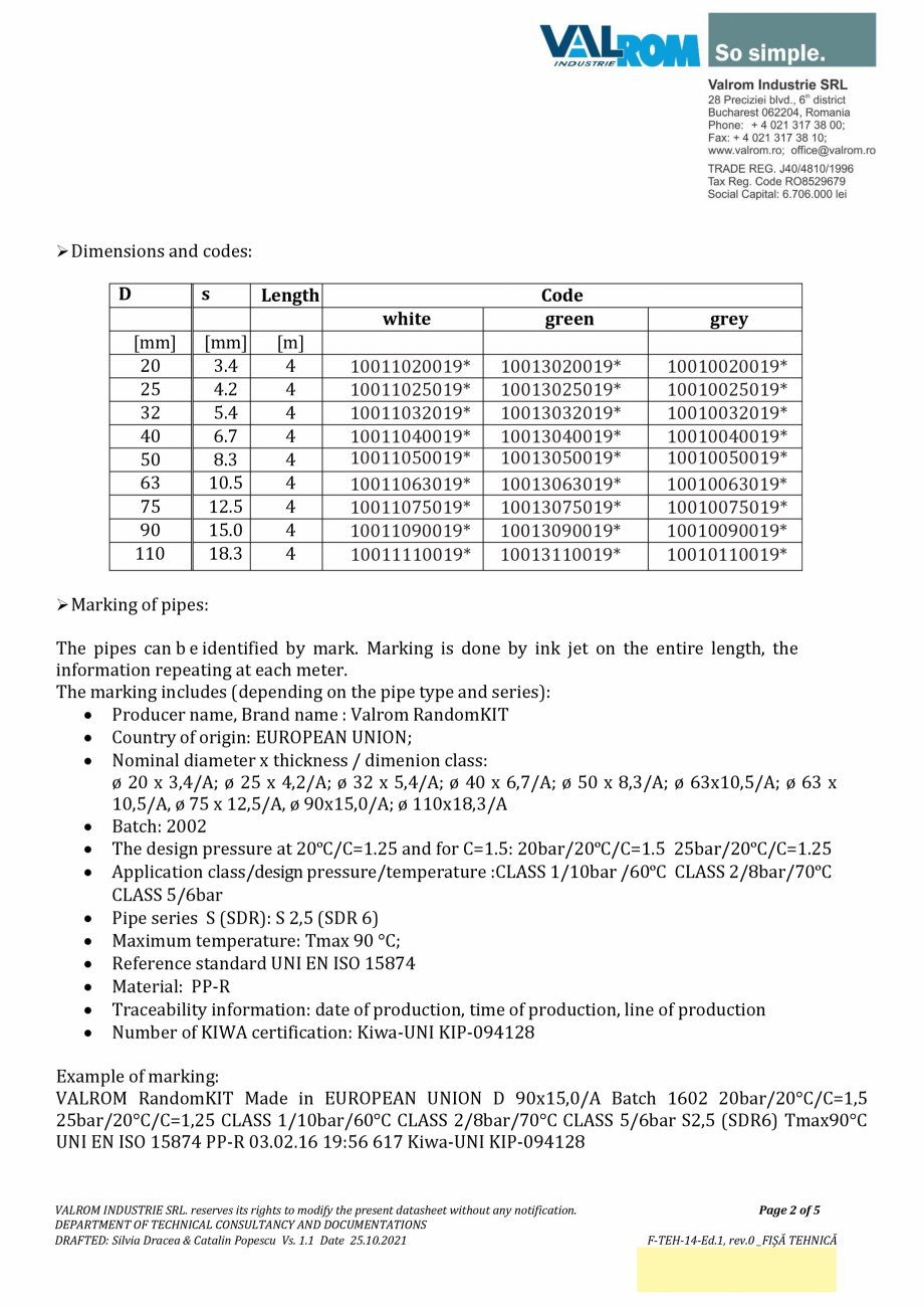 Pagina 2-Țevi PP-R  SDR 6 VALROM Fisa tehnica Engleza eserves its rights to modify the present datasheet...