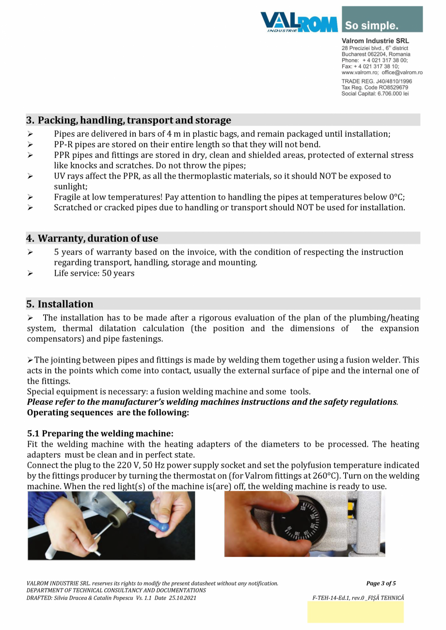 Pagina 3-Țevi PP-R  SDR 6 VALROM Fisa tehnica Engleza , Brand name : Valrom RandomKIT
 Country of origin:...
