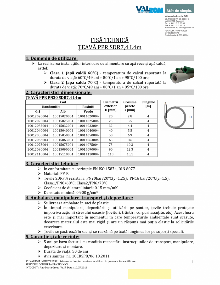 Pagina 1-Teava PP-R- compact- VLR- 10052018-vs6 VALROM PP-R cu fibră Fisa tehnica Romana FIŞĂ TEHNICĂ...
