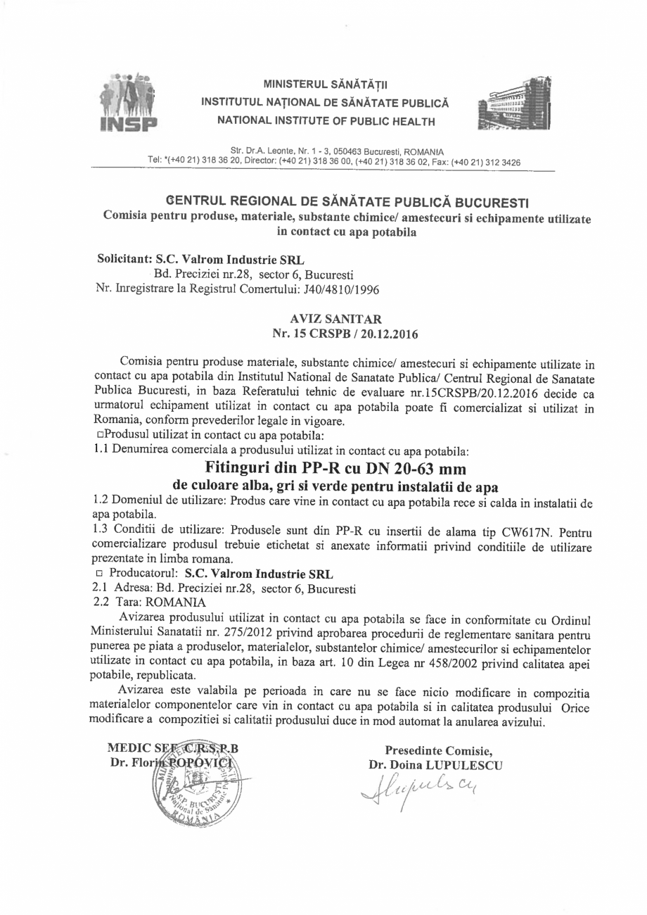 Pagina 1-Aviz sanitar Fitinguri PP-R - Nr. 15 CRSPB VALROM Certificare produs Romana 