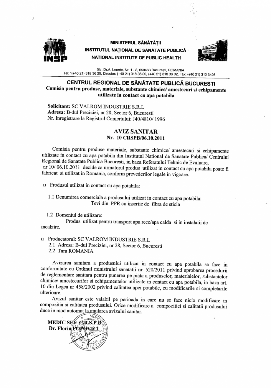 Pagina 1-Aviz sanitar PPR fibra - Nr. 10 CRSPB VALROM Certificare produs Romana 