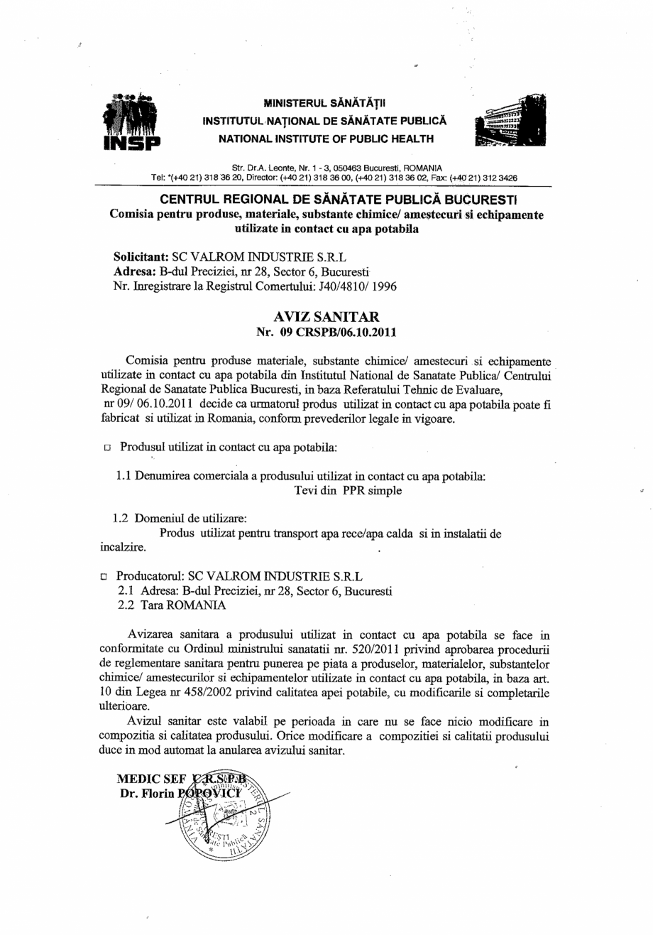 Pagina 1-Aviz sanitar - Tevi din PPR simple Nr. 9 CRSPB VALROM Certificare produs Romana 