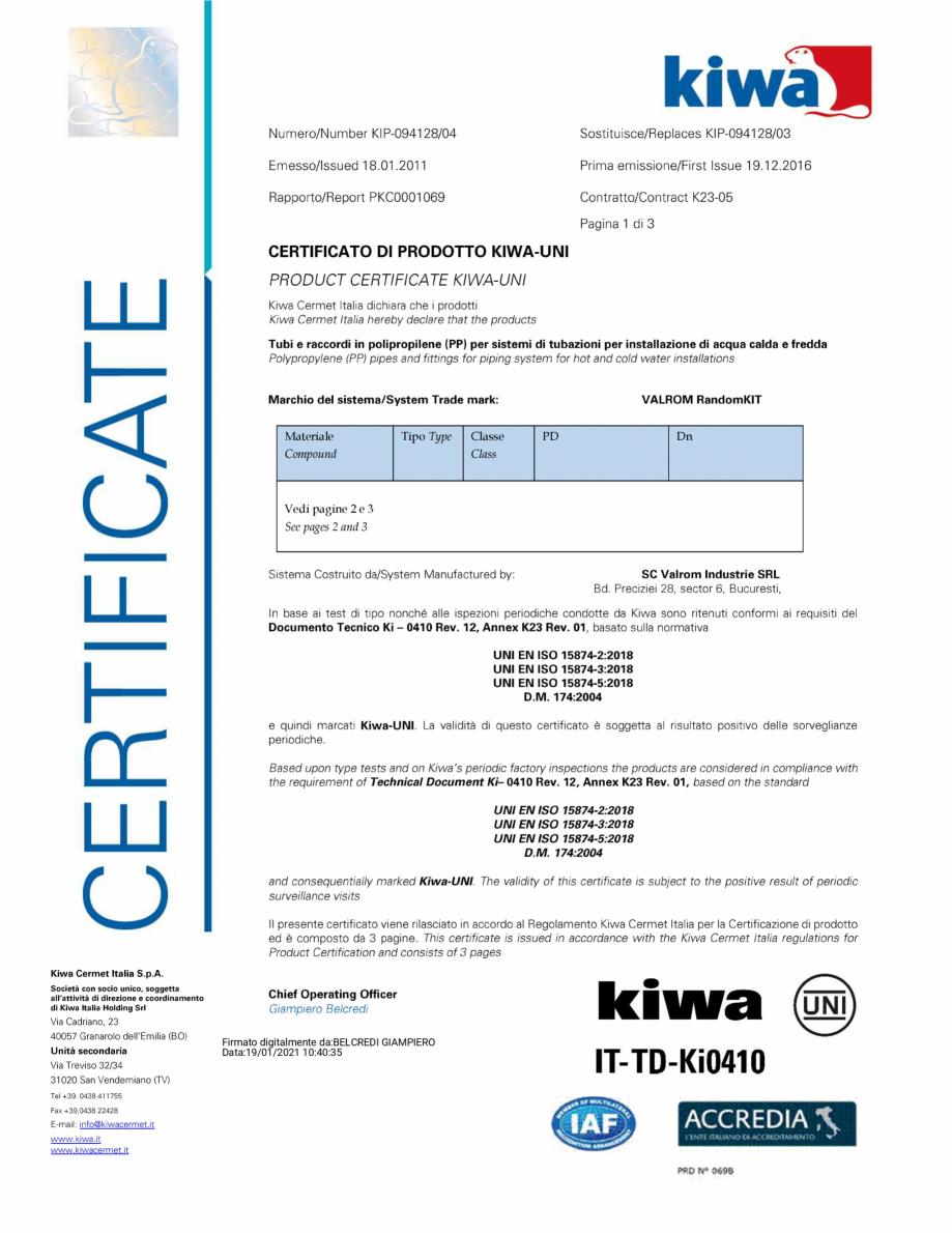 Pagina 1-Certificare KIWA - Tevi si racorduri din polipropilena - Nr. KIP-094128/04 VALROM Certificare produs...
