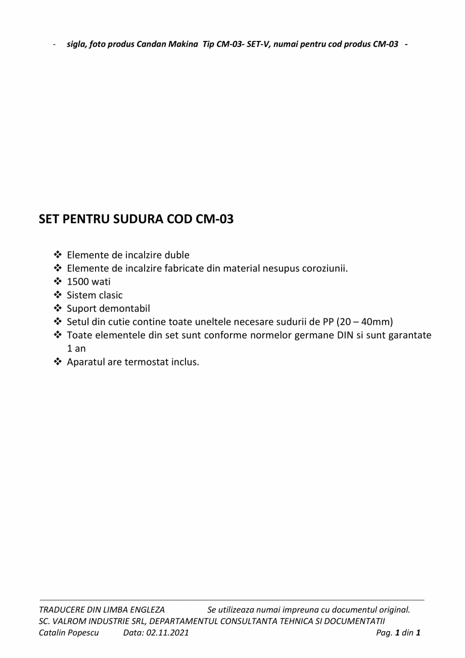 Pagina 2-Set pentru sudura COD CM-03 VALROM Catalog, brosura Engleza, Romana, Rusa 