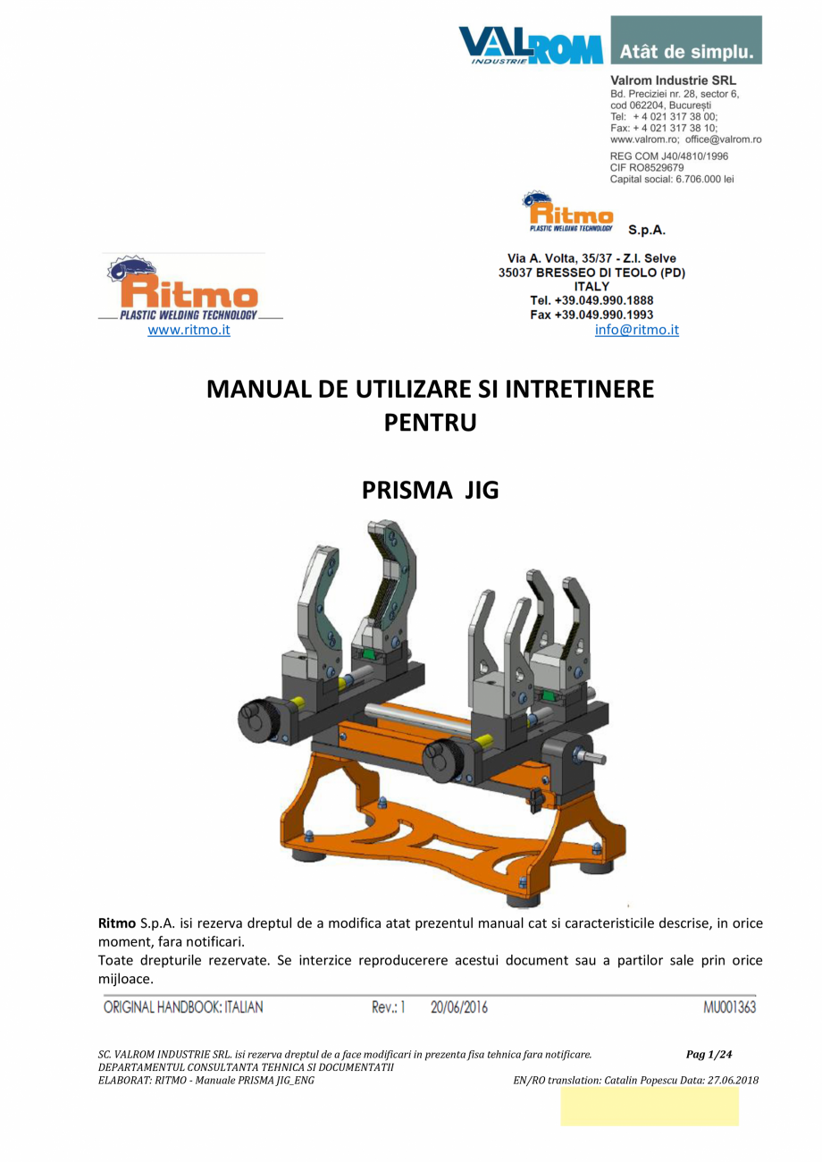 Pagina 1-Manual de utilizare si intretinere pentru aparatul de sudura PPR PRISMA JIG VALROM Instructiuni...