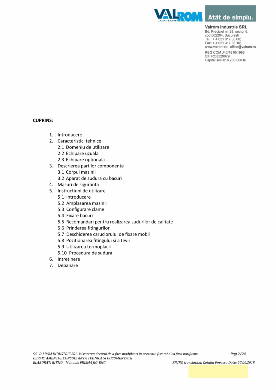 Pagina 2-Manual de utilizare si intretinere pentru aparatul de sudura PPR PRISMA JIG VALROM Instructiuni...