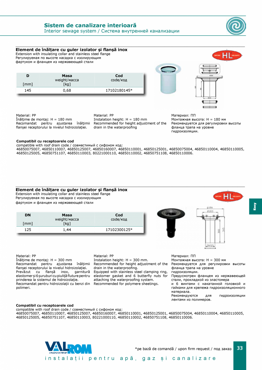 Pagina 33 - EasyKIT - Sistem de canalizare interioara VALROM Catalog, brosura Romana [inch] [mm]

H
...