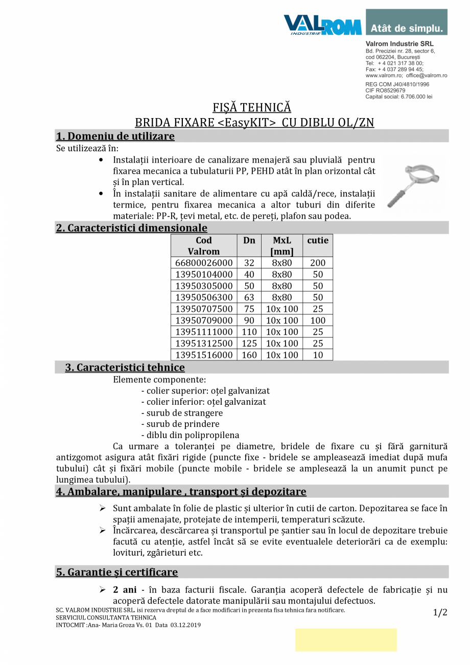 Pagina 1-Fisa tehnica Brida fixare EasyKIT cu diblu OLZN fara garnitura VALROM Elemente fixare Fisa tehnica...