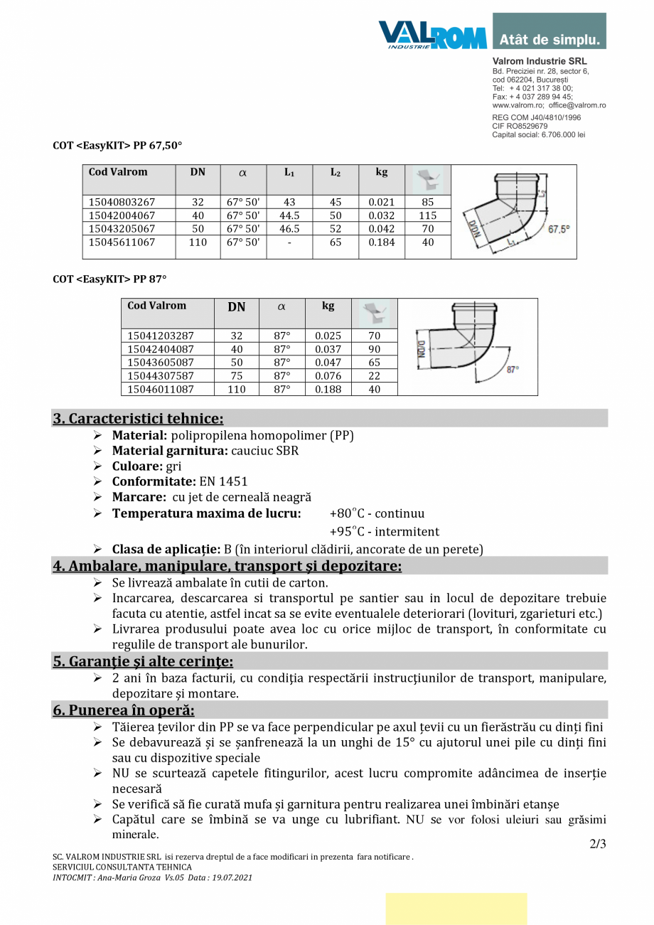 Pagina 2-Fisa tehnica Cot Easykit - 2021 -VLR VALROM Cot PP Fisa tehnica Romana ° 50'
67° 50'
67° 50'
67°...