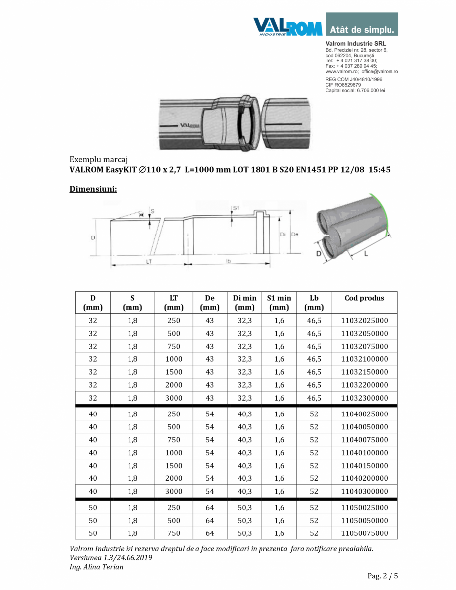 Pagina 2-Fisa tehnica Tevi EasyKIT VALROM Tub PP cu 1 mufă Fisa tehnica Romana burile si fitingurile din PP ...
