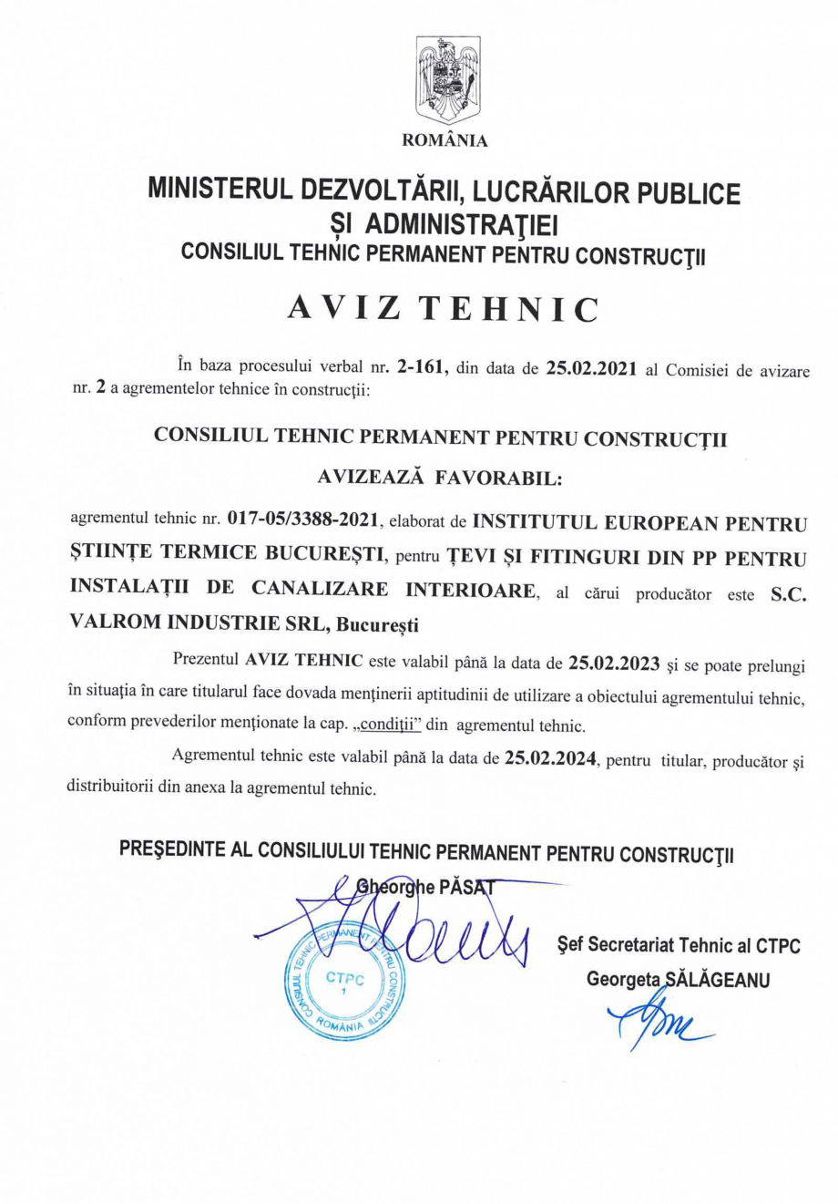 Pagina 1-Agrement tehnic nr 017-05/3388-2021 pentru Tevi si fitinguri dn PP pentru instalatii de canalizare...