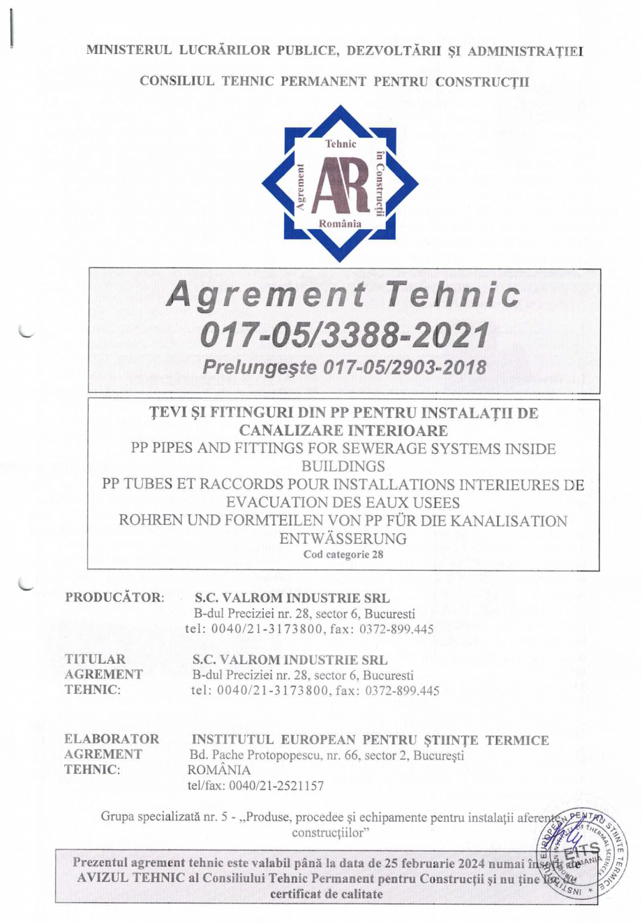 Pagina 2-Agrement tehnic nr 017-05/3388-2021 pentru Tevi si fitinguri dn PP pentru instalatii de canalizare...