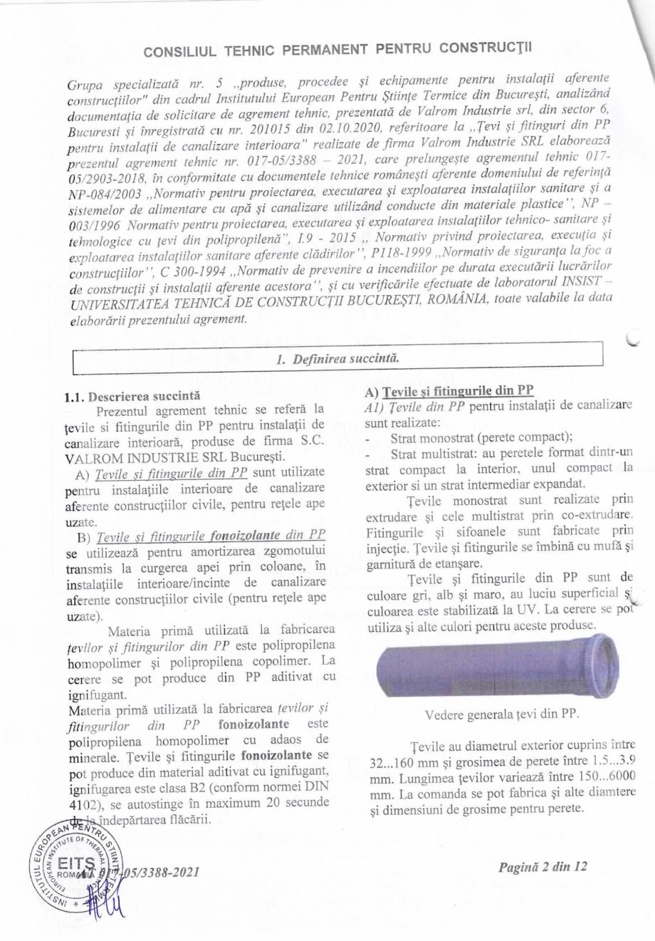 Pagina 3-Agrement tehnic nr 017-05/3388-2021 pentru Tevi si fitinguri dn PP pentru instalatii de canalizare...