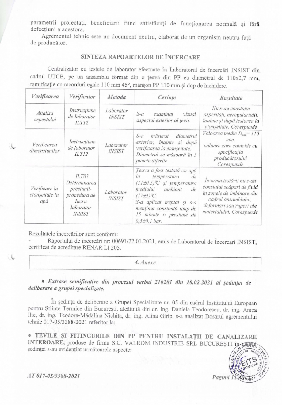 Pagina 12-Agrement tehnic nr 017-05/3388-2021 pentru Tevi si fitinguri dn PP pentru instalatii de canalizare...