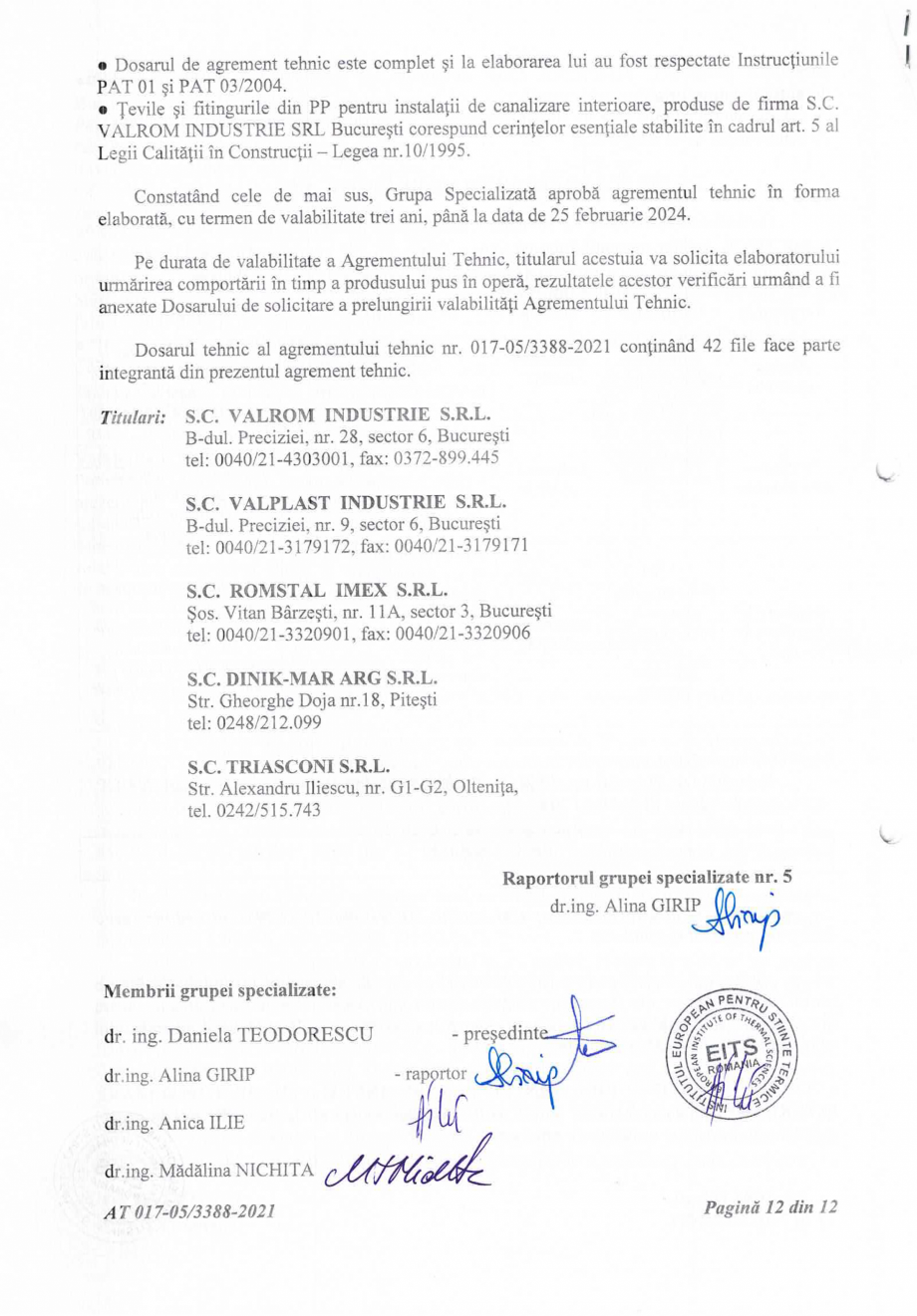 Pagina 13-Agrement tehnic nr 017-05/3388-2021 pentru Tevi si fitinguri dn PP pentru instalatii de canalizare...